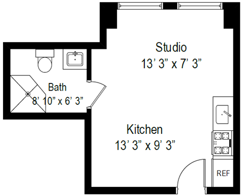 Floor plan for studio, 1 bath, 264 sqft